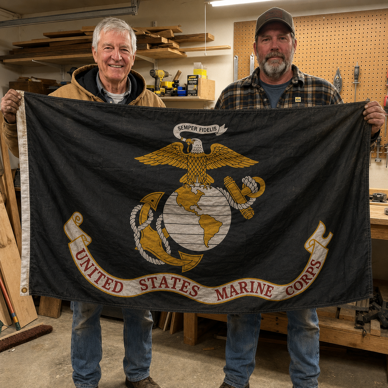 Two men holding a black Marine tribute flag featuring the Eagle, Globe, and Anchor emblem.
