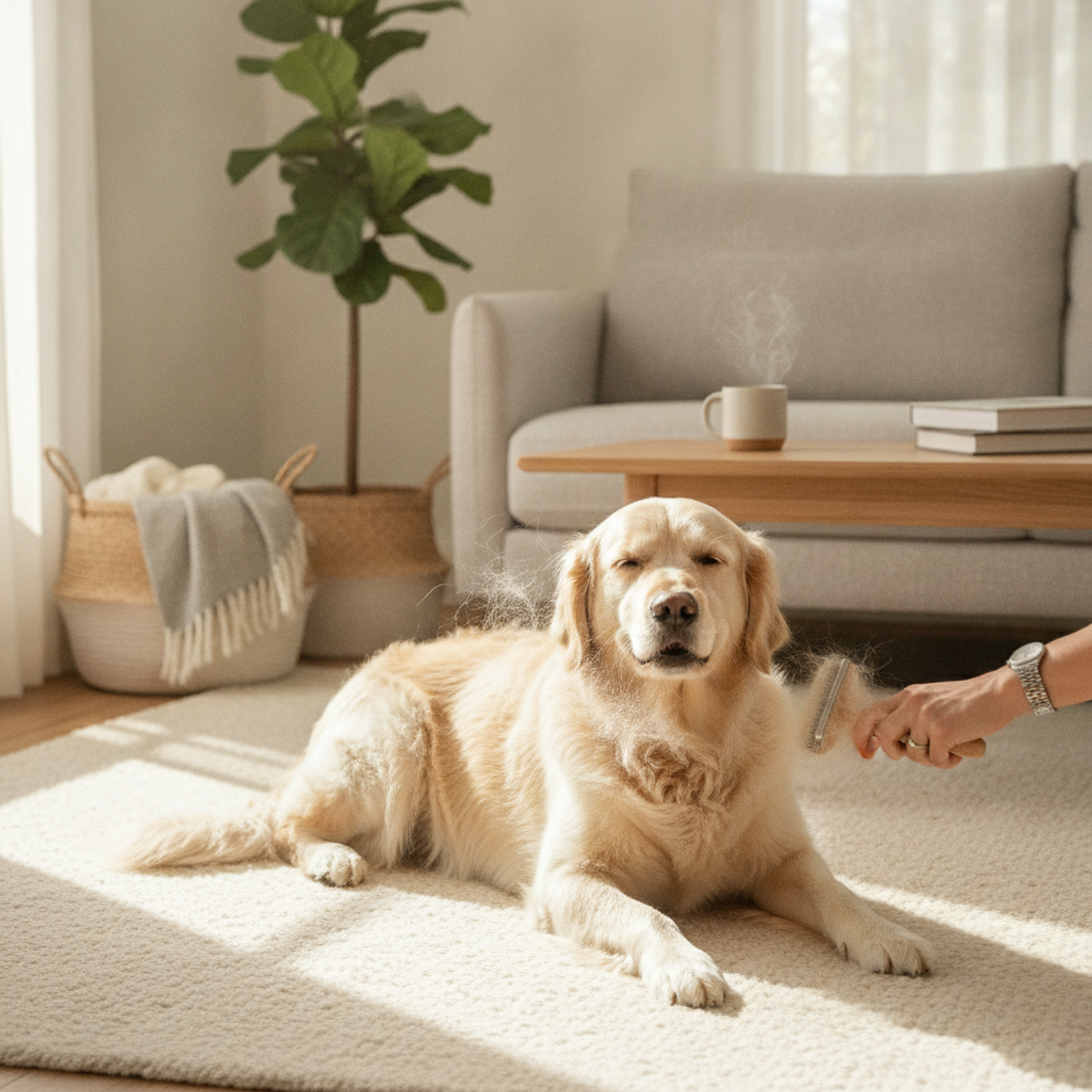 Golden Retriever receiving gentle brushing at home