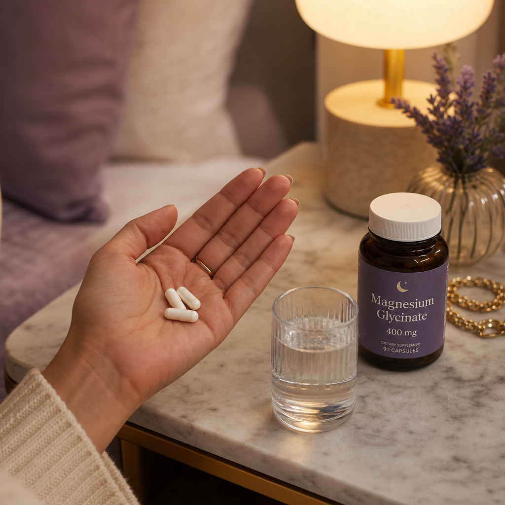 Three magnesium capsules with glass of water