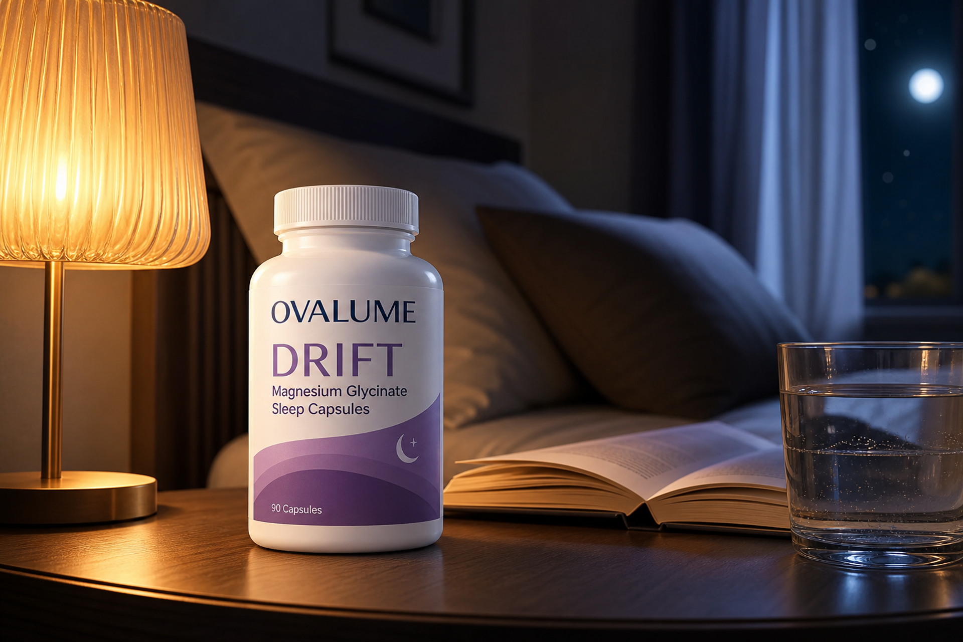 OVALUME DRIFT magnesium glycinate sleep capsules on nightstand